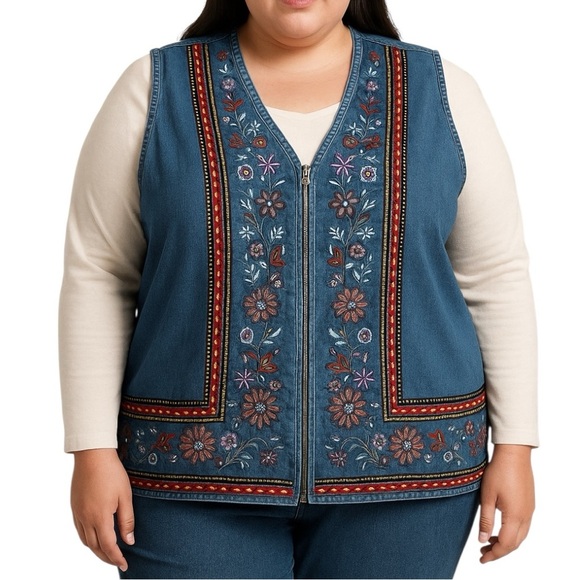 Women’s 2X Denim Embroidered Vest Zip Front Boho Festival Western Hippie Y2K - Picture 1 of 7